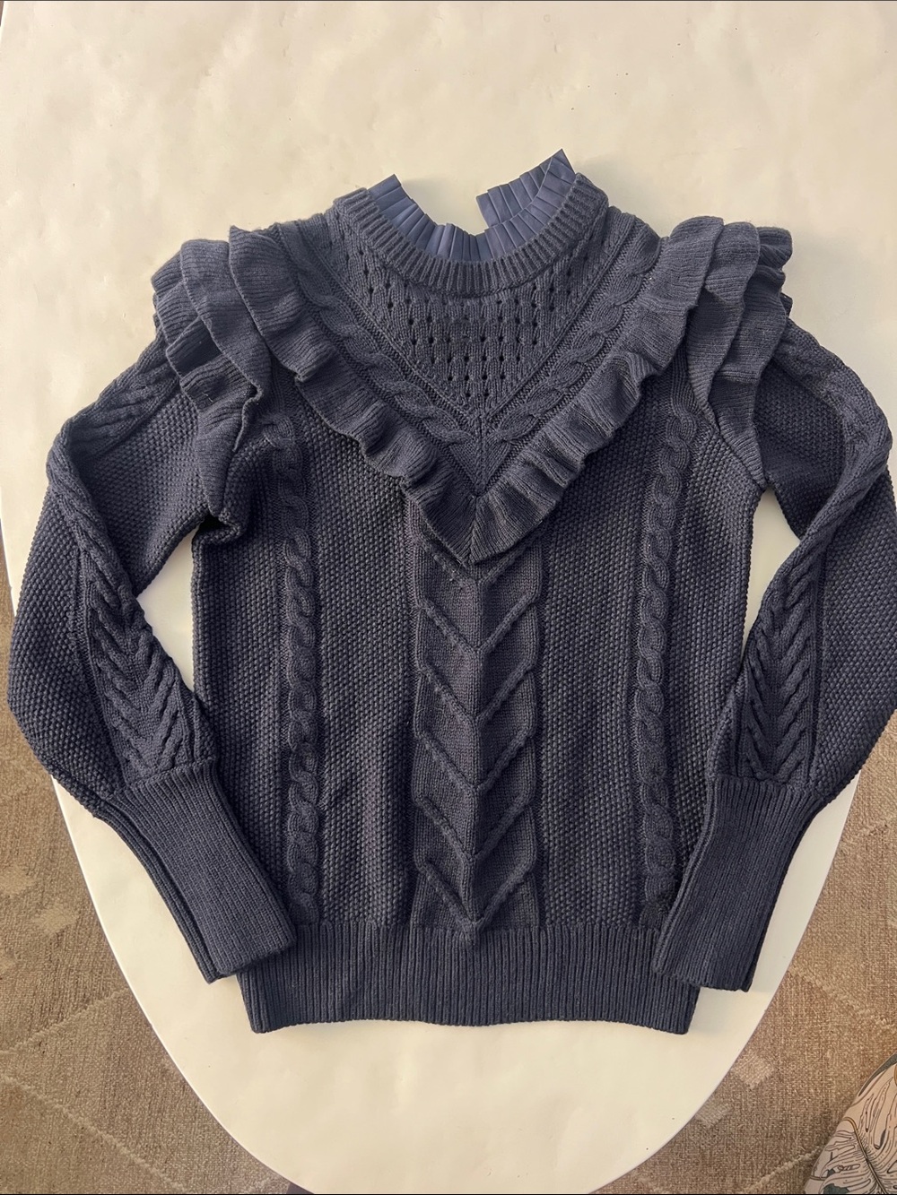 TED BAKER London Denita Cable Knit Ruffle Mock Neck Sweater Navy Blue 0 /XS $240